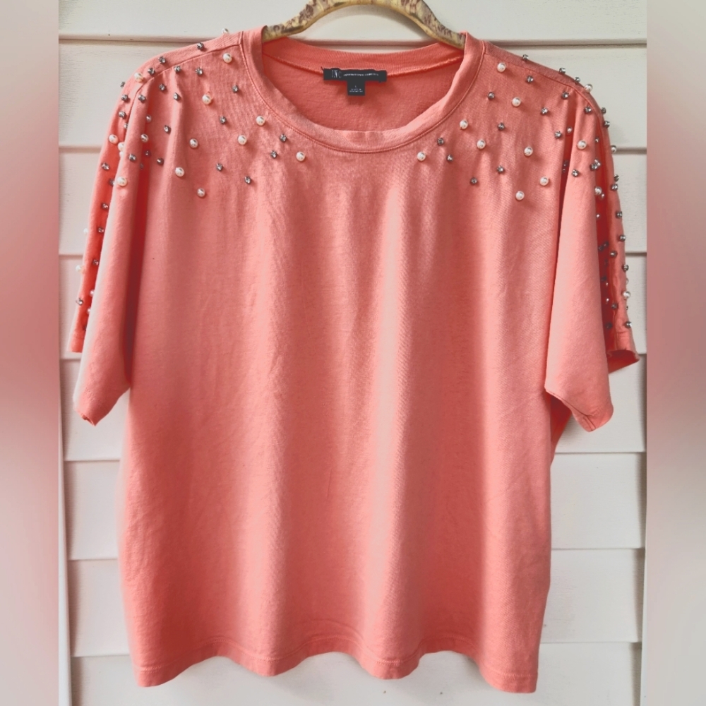 International Concepts Ladies Coral Peach Pearl Diamond Top Size Large